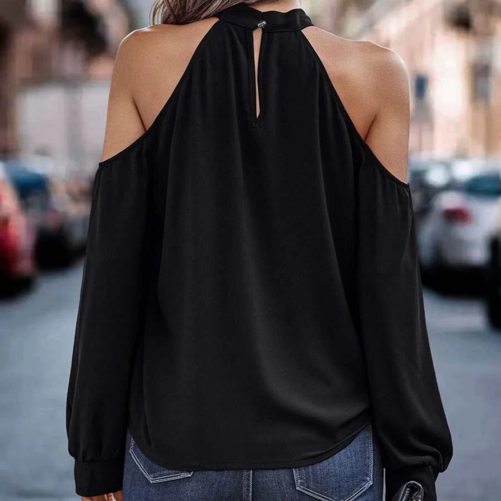 014 Black Cut out Cold shoulder Overlap Blouse - Picture 6 of 6